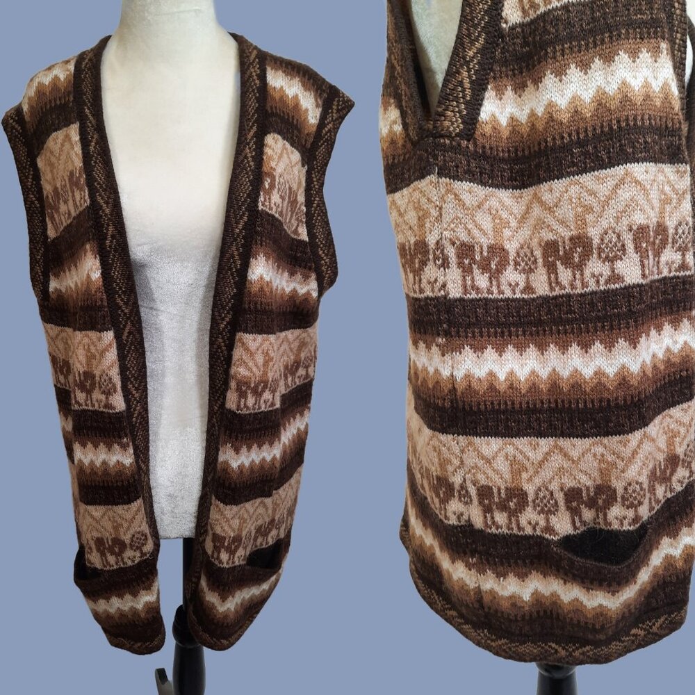 Alpaca Fina Long Sleeveless Cardigan Peruvian Sweater Vest Brown Beige Size M